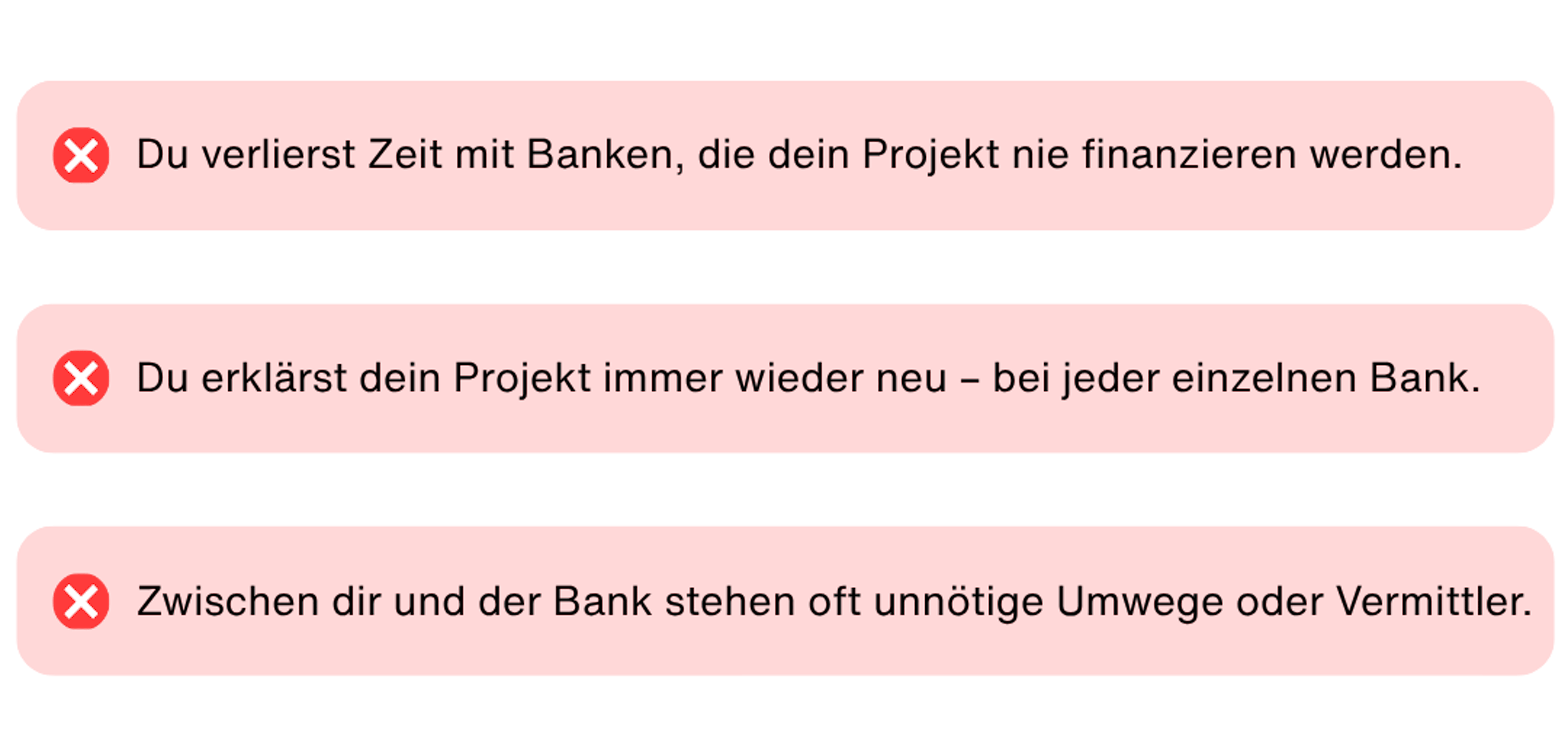 Drei Probleme: Zeitverlust mit Banken, ständiges Erklären des Projekts bei jeder Bank, unnötige Umwege oder Vermittler zwischen dir und der Bank.
